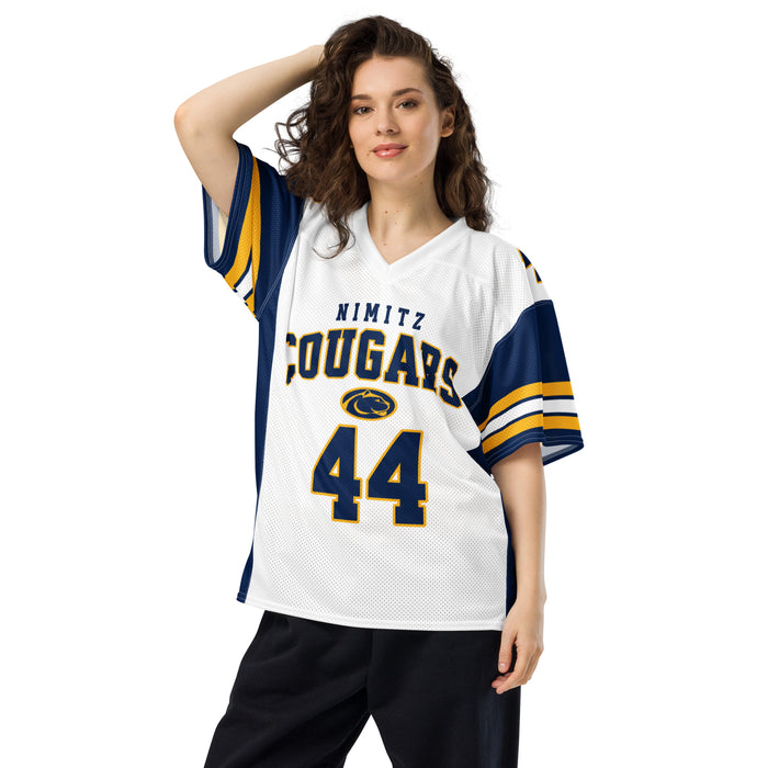 Woman wearing Nimitz High School Cougars Football Jersey 44