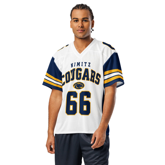Man wearing Nimitz High School Cougars Football Jersey 66