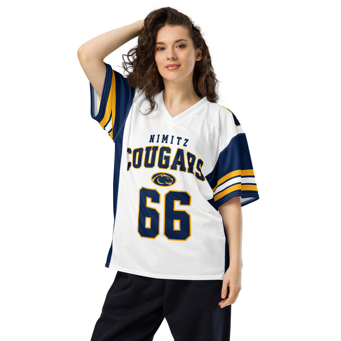 Woman wearing Nimitz High School Cougars Football Jersey 66