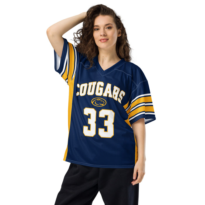 Woman wearing Nimitz High School Cougars Football Jersey 33