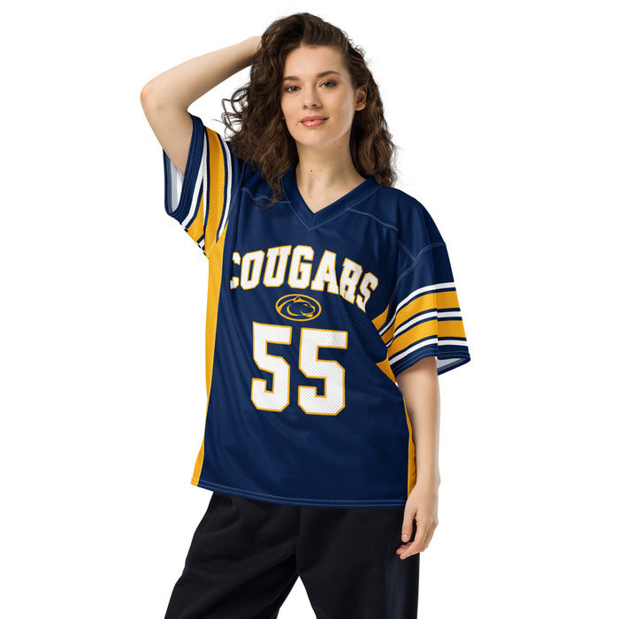 Woman wearing Nimitz High School Cougars Football Jersey 55