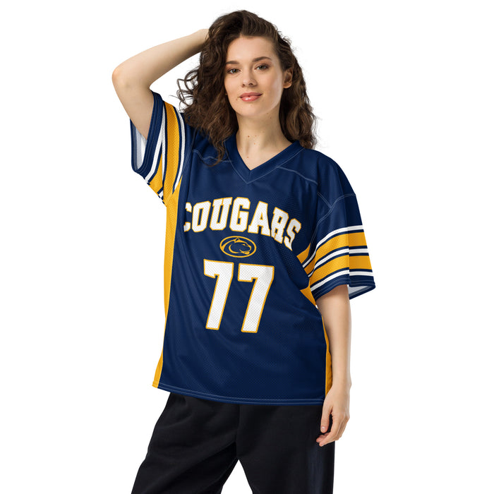Woman wearing Nimitz High School Cougars Football Jersey 77