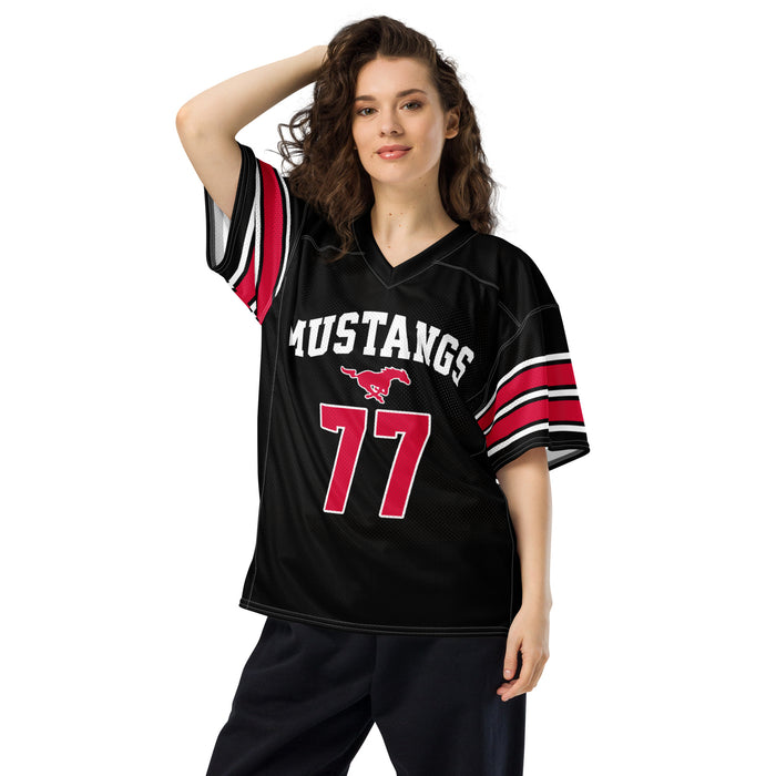 Woman wearing North Shore High School Mustangs Football Jersey 77