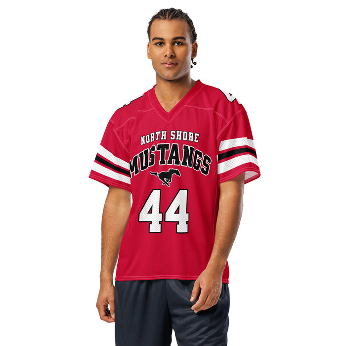 Man wearing North Shore High School Mustangs Football Jersey 44