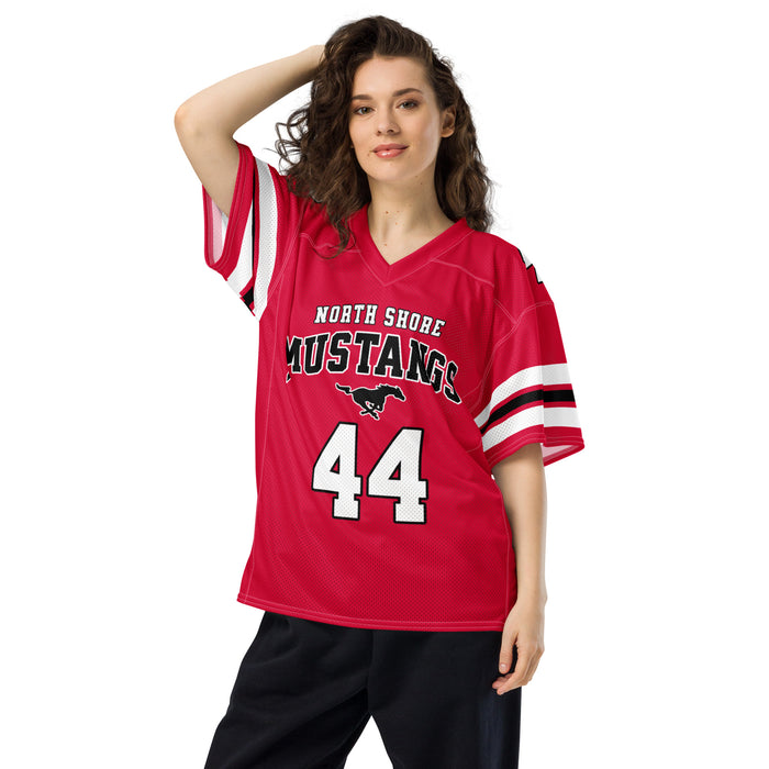 Woman wearing North Shore High School Mustangs Football Jersey 44