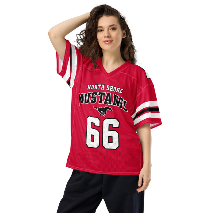 Woman wearing North Shore High School Mustangs Football Jersey 66