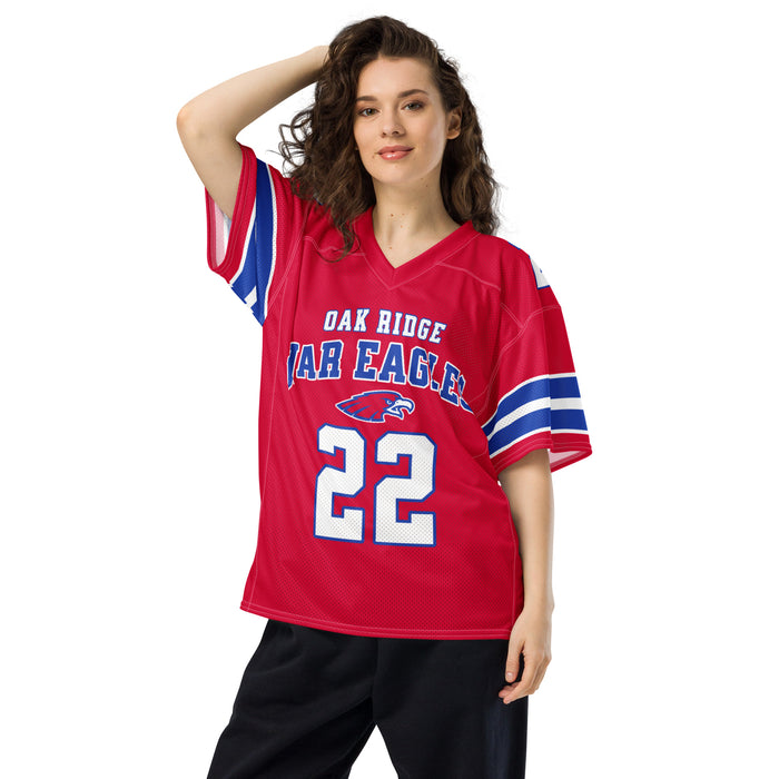 Woman wearing Oak Ridge High School War Eagles Football Jersey 22