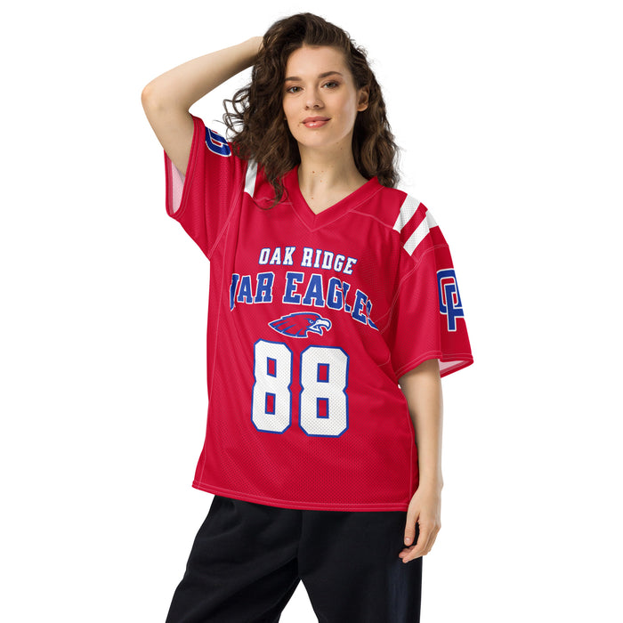 Woman wearing Oak Ridge High School War Eagles Football Jersey 88