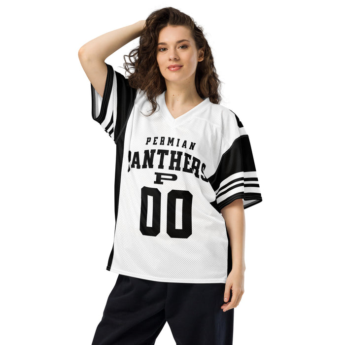 Woman wearing Permian High School Panthers Football Jersey 00