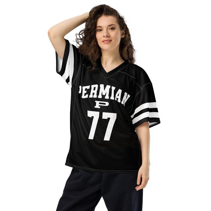Woman wearing Permian High School Panthers Football Jersey 77