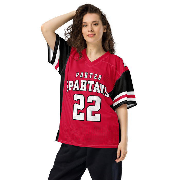Woman wearing Porter High School Spartans Football Jersey 22