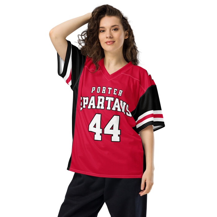Woman wearing Porter High School Spartans Football Jersey 44