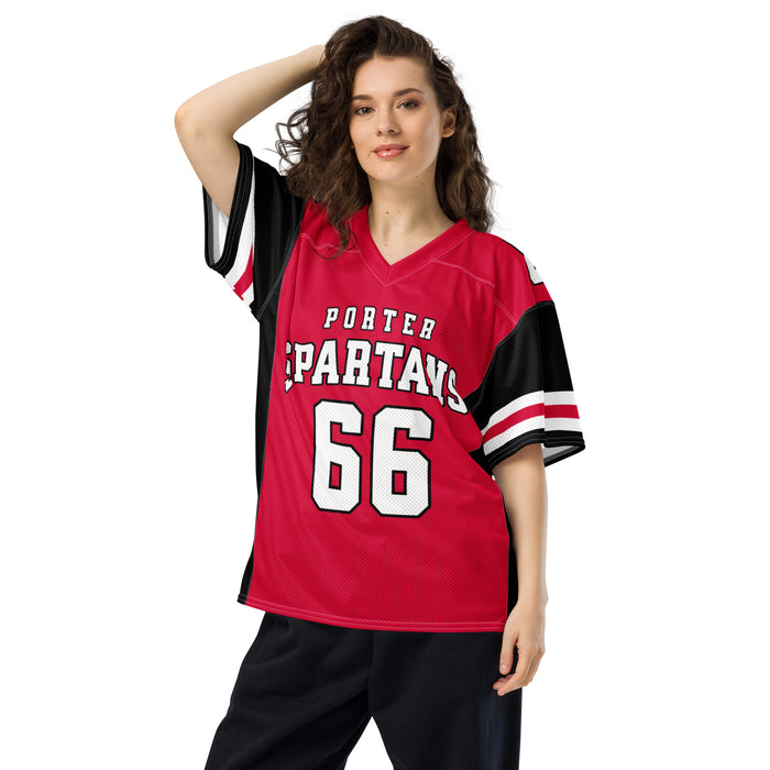 Woman wearing Porter High School Spartans Football Jersey 66
