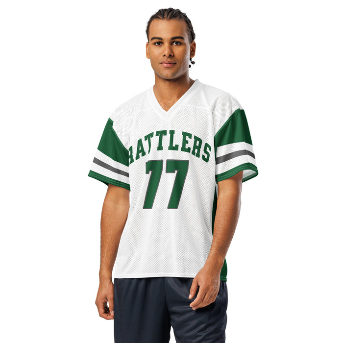 Man wearing Reagan High School Rattlers Football Jersey 77