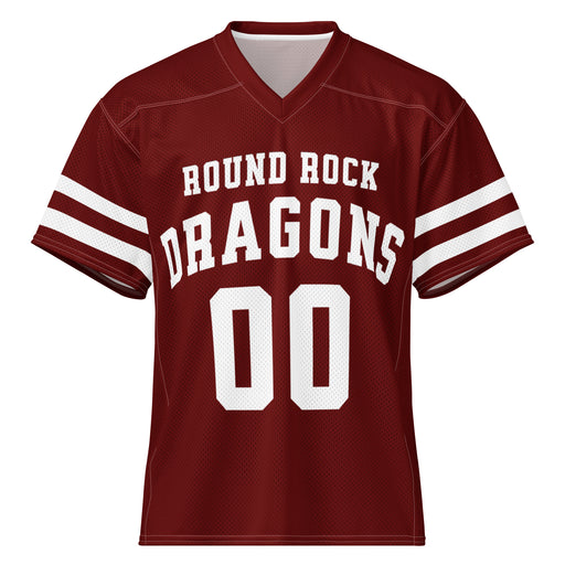A maroon short-sleeve football jersey with white text reading 'ROUND ROCK DRAGONS' and '00' on the front, plus white stripe accents on the sleeves, shown on a plain white background.