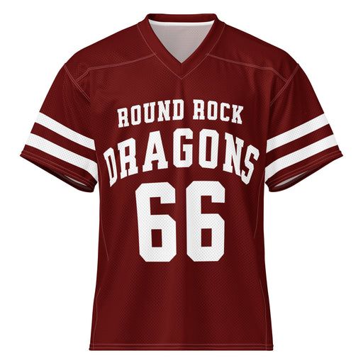 A maroon short-sleeve football jersey with white text reading 'ROUND ROCK DRAGONS' and the number '66' on the front, plus white stripe accents on the sleeves, shown on a plain white background.