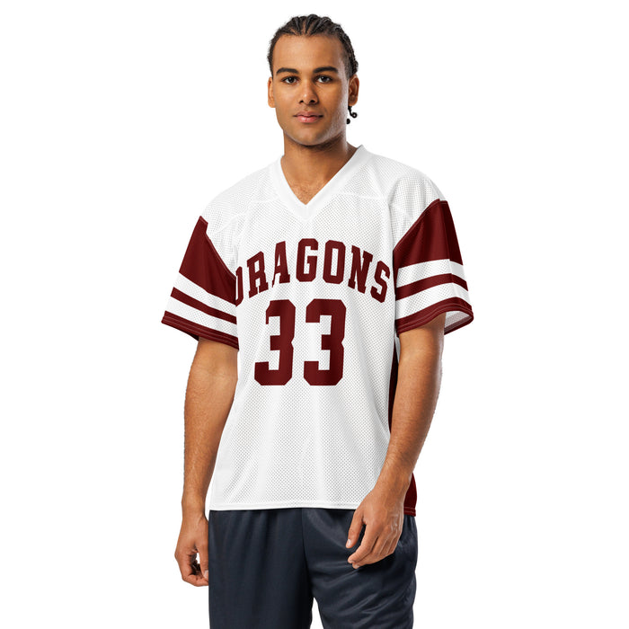 Man wearing Round Rock High School Dragons Football Jersey 33