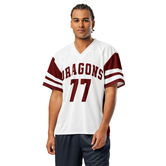 Man wearing Round Rock High School Dragons Football Jersey 77