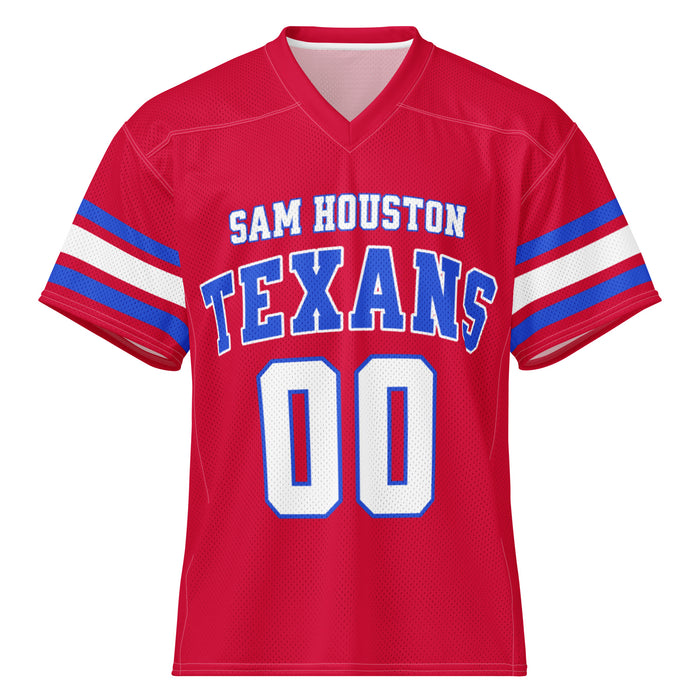 A red short-sleeve football jersey with 'SAM HOUSTON TEXANS' and '00' printed on the front in white and blue, with blue and white stripes on the sleeves, shown on a plain white background.