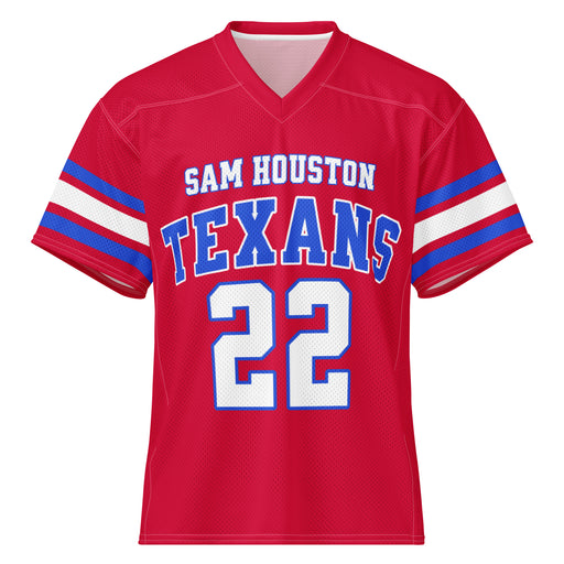 A red short-sleeve football jersey with 'SAM HOUSTON TEXANS' and the number '22' printed on the front, featuring blue and white sleeve stripes, shown on a plain white background.