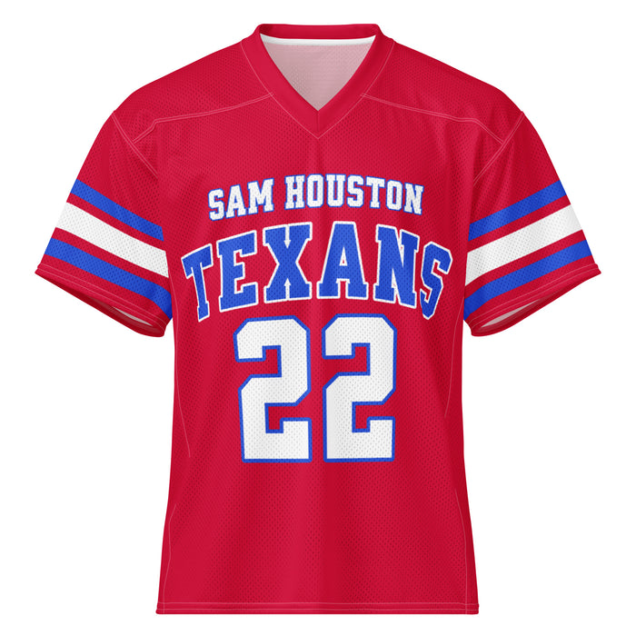 A red short-sleeve football jersey with 'SAM HOUSTON TEXANS' and the number '22' printed on the front, featuring blue and white sleeve stripes, shown on a plain white background.