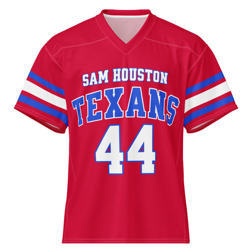 A red short-sleeve football jersey with 'SAM HOUSTON TEXANS' and the number '44' printed on the front, featuring blue and white sleeve stripes, shown on a plain white background.