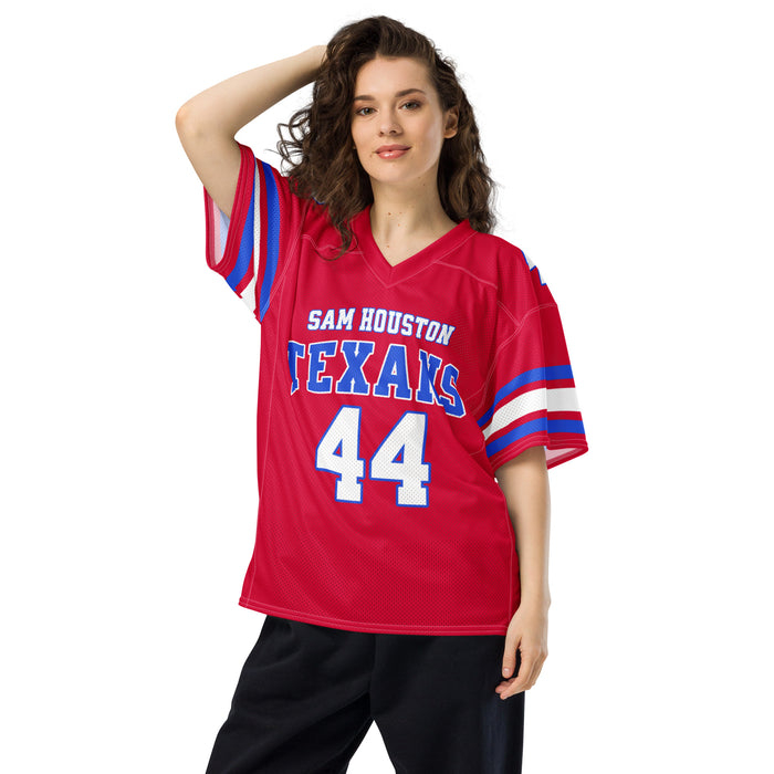 Woman wearing Sam Houston High School Texans Football Jersey 44
