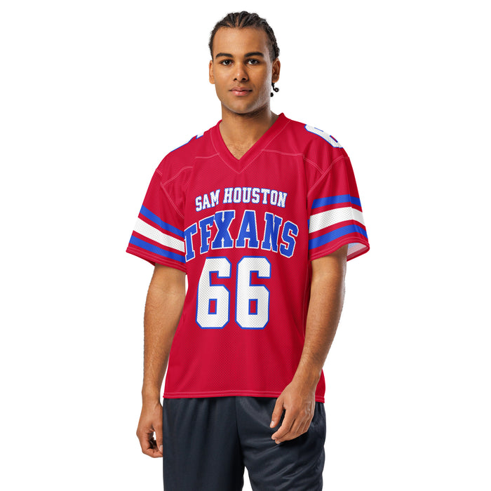 Man wearing Sam Houston High School Texans Football Jersey 66