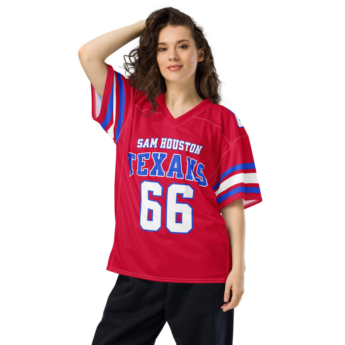 Woman wearing Sam Houston High School Texans Football Jersey 66
