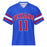 A royal blue short-sleeve football jersey with 'TEXANS' in red arched lettering and the number '11' in red with white outlines on the front, featuring red and white stripes on the sleeves. Sam Houston High School Texans Football Jersey 11
