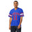 A man modeling a royal blue football jersey with 'TEXANS' and the number '11' in red with white outlines on the front, and white and red stripes on the sleeves, set against a plain white background. Sam Houston High School Texans Football Jersey 11