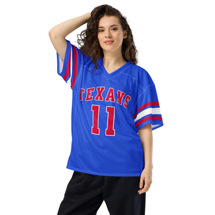 Woman wearing Sam Houston High School Texans Football Jersey 11