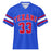 A royal blue short-sleeve football jersey with 'TEXANS' and the number '33' in red with white outlines on the front, featuring red and white stripes on the sleeves. Sam Houston High School Texans Football Jersey 33