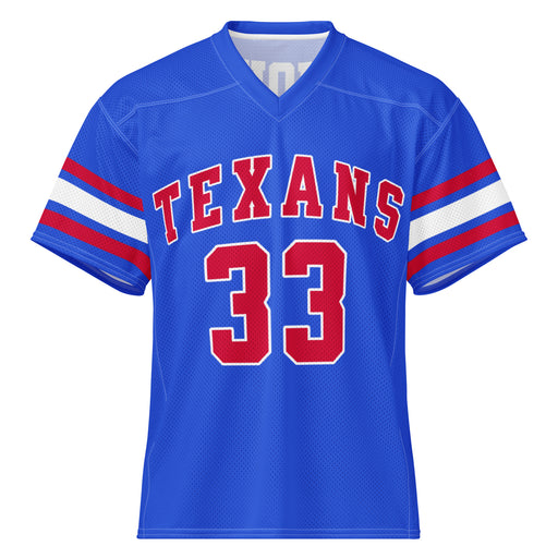 A royal blue short-sleeve football jersey with 'TEXANS' and the number '33' in red with white outlines on the front, featuring red and white stripes on the sleeves. Sam Houston High School Texans Football Jersey 33