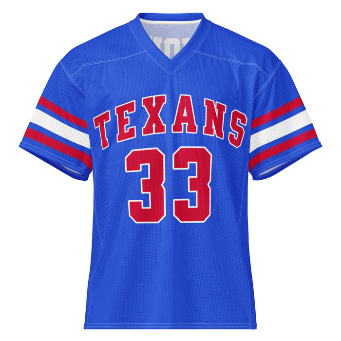 A royal blue short-sleeve football jersey with 'TEXANS' and the number '33' in red with white outlines on the front, featuring red and white stripes on the sleeves. Sam Houston High School Texans Football Jersey 33