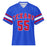 A royal blue short-sleeve football jersey with 'TEXANS' and the number '55' in red with white outlines on the front, featuring red and white stripes on the sleeves. Sam Houston High School Texans Football Jersey 55
