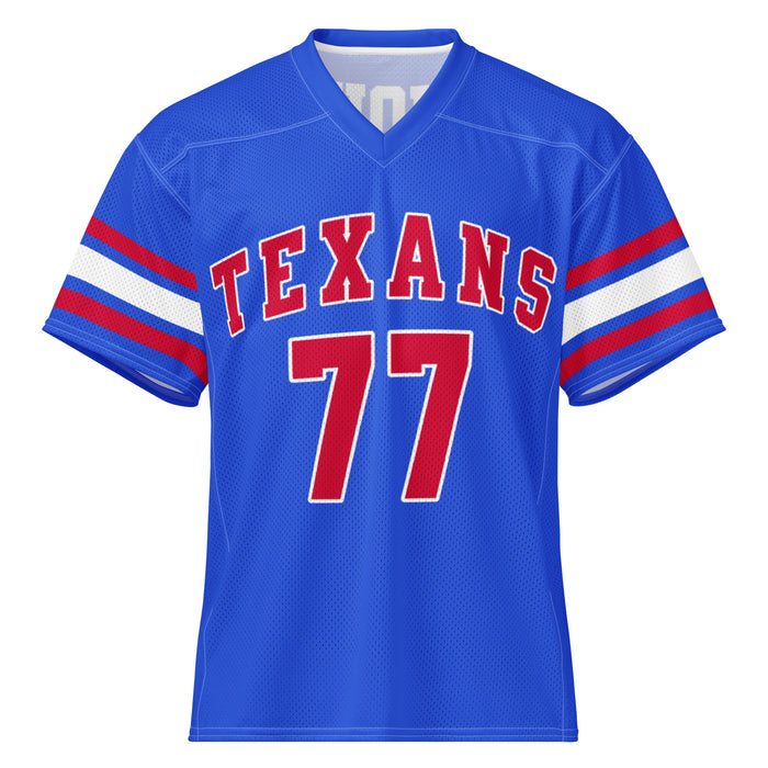 A royal blue mesh football jersey with 'TEXANS' in red letters and the number '77' in red on the front, featuring red and white striped sleeves. Sam Houston High School Texans Football Jersey 77