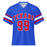 A royal blue short-sleeve football jersey with 'TEXANS' and the number '99' printed in red with white outlines on the front, featuring red and white stripes on the sleeves. Sam Houston High School Texans Football Jersey 77