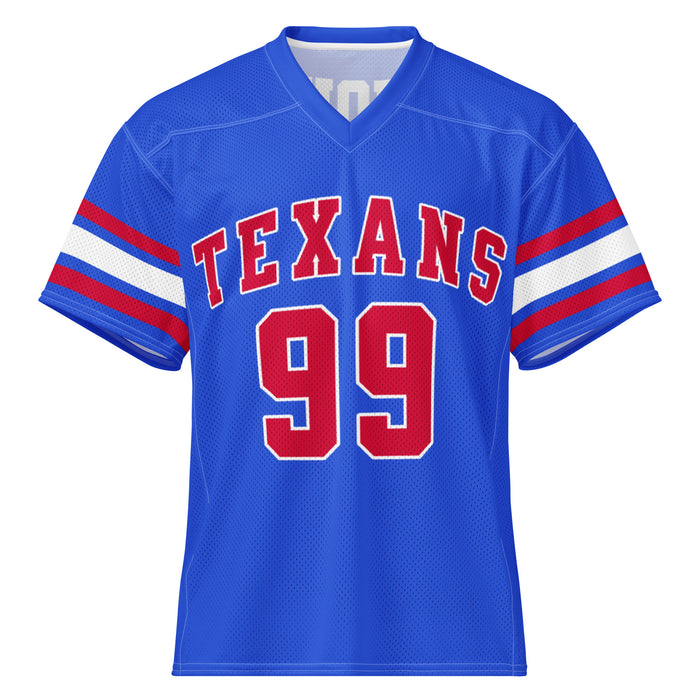 A royal blue short-sleeve football jersey with 'TEXANS' and the number '99' printed in red with white outlines on the front, featuring red and white stripes on the sleeves. Sam Houston High School Texans Football Jersey 77