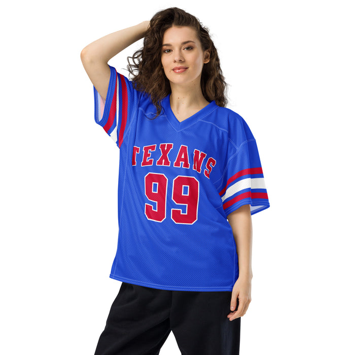 Woman wearing Sam Houston High School Texans Football Jersey 99