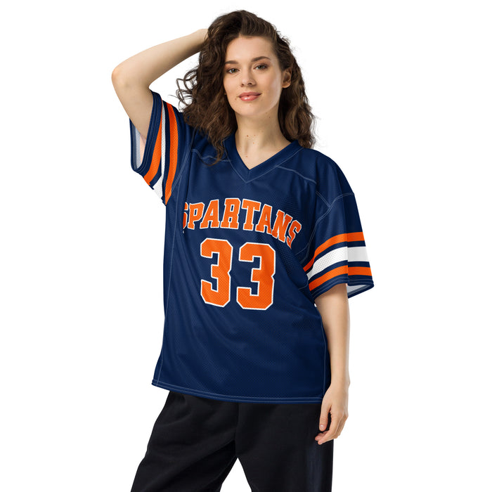 Woman wearing Seven Lakes High School Spartans Football Jersey 33