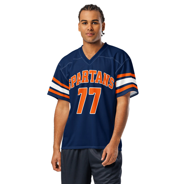 Man wearing Seven Lakes High School Spartans Football Jersey 77