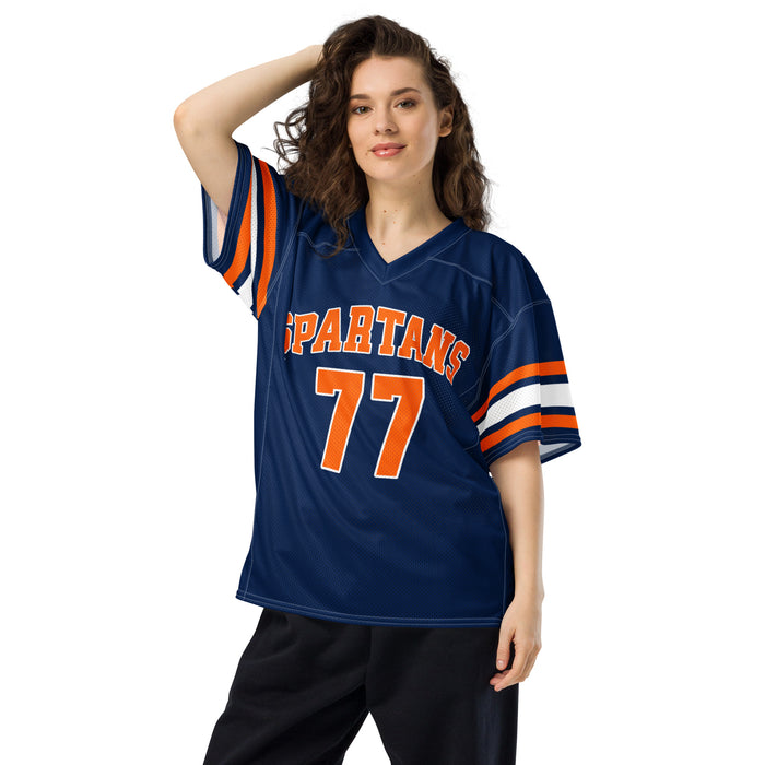 Woman wearing Seven Lakes High School Spartans Football Jersey 77