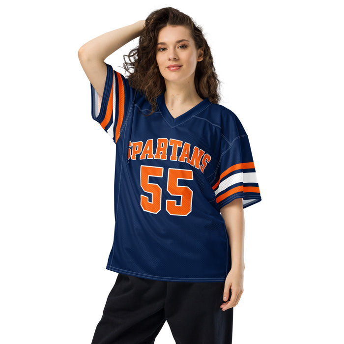 Woman wearing Seven Lakes High School Spartans Football Jersey 55