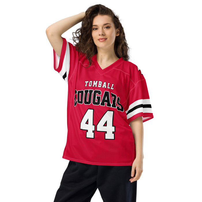 Woman wearing Tomball High School Cougars Football Jersey 44