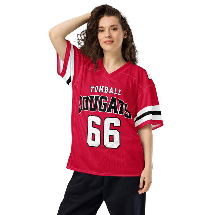 Woman wearing Tomball High School Cougars Football Jersey 66