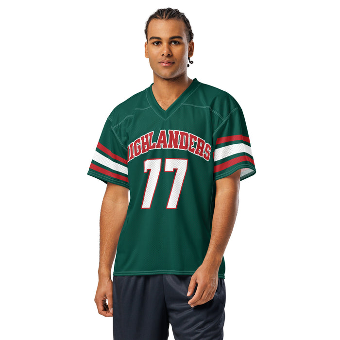 Man wearing The Woodlands High School Highlanders Football Jersey 77