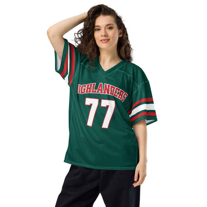 Woman wearing The Woodlands High School Highlanders Football Jersey 77
