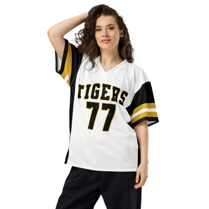 Woman wearing Tomball West High School Tigers Football Jersey 77