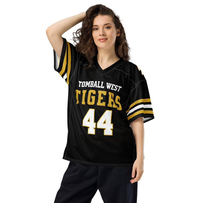 Woman wearing Tomball West High School Tigers Football Jersey 44